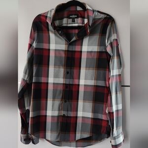 Express Casual Button Down Shirt Black Red Plaid